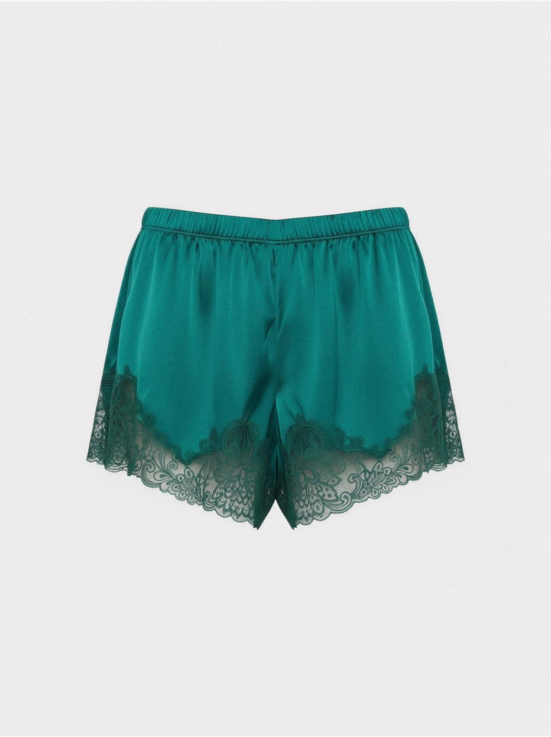 Pantalón corto short lencero y detalles encaje, en tejido de satén Azul Verde - Kiabi