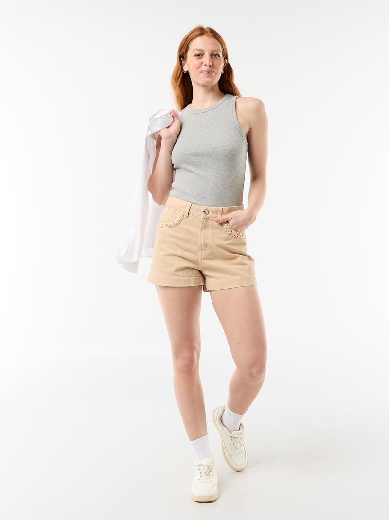 Pantalón corto vaquero con bolsillos trenzados Beige - Kiabi