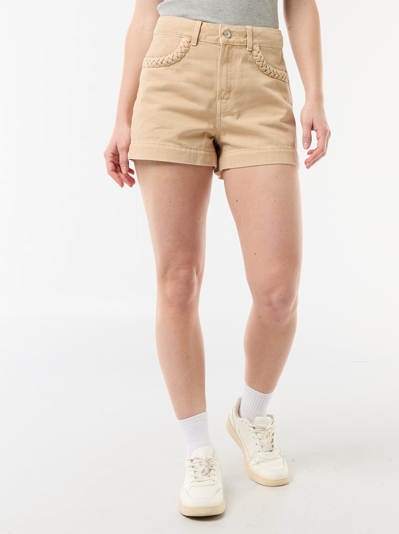 Pantalón corto vaquero con bolsillos trenzados Beige - Kiabi