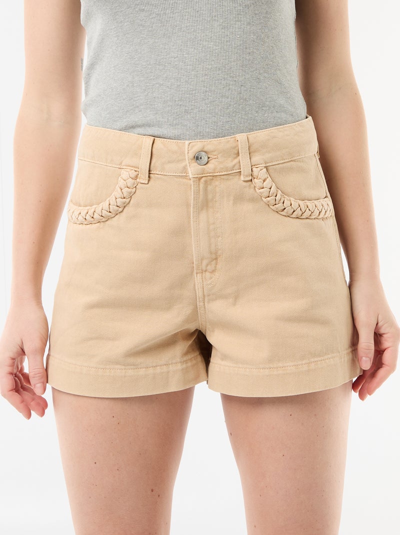 Pantalón corto vaquero con bolsillos trenzados Beige - Kiabi