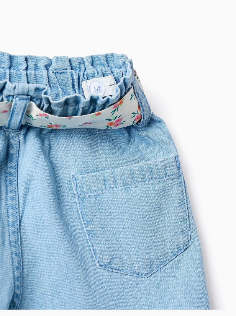 Pantalón corto vaquero con cinturón floral Azul claro - Kiabi