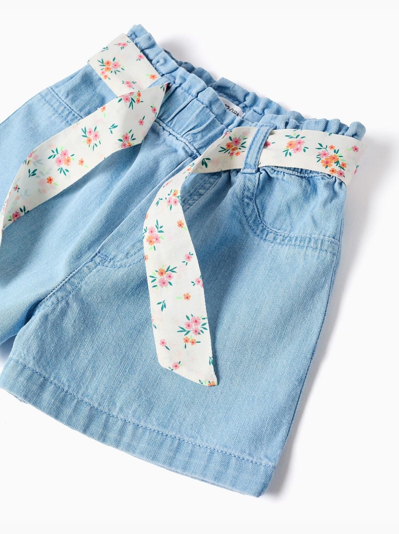 Pantalón corto vaquero con cinturón floral Azul claro - Kiabi