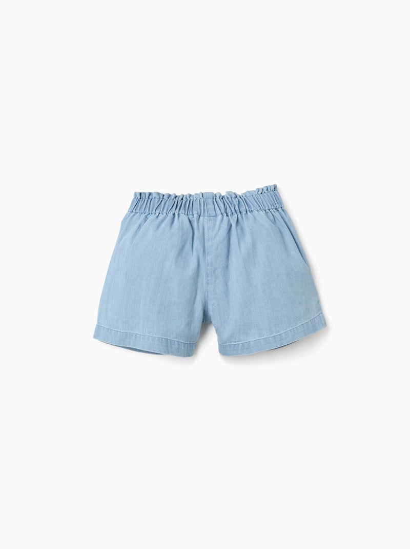 Pantalón corto vaquero con cinturón floral y cintura paperbag Azul claro - Kiabi