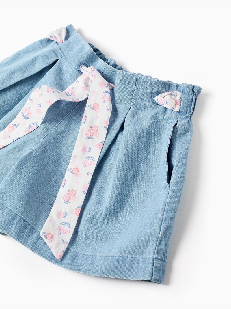 Pantalón corto vaquero con cinturón floral y cintura paperbag Azul claro - Kiabi