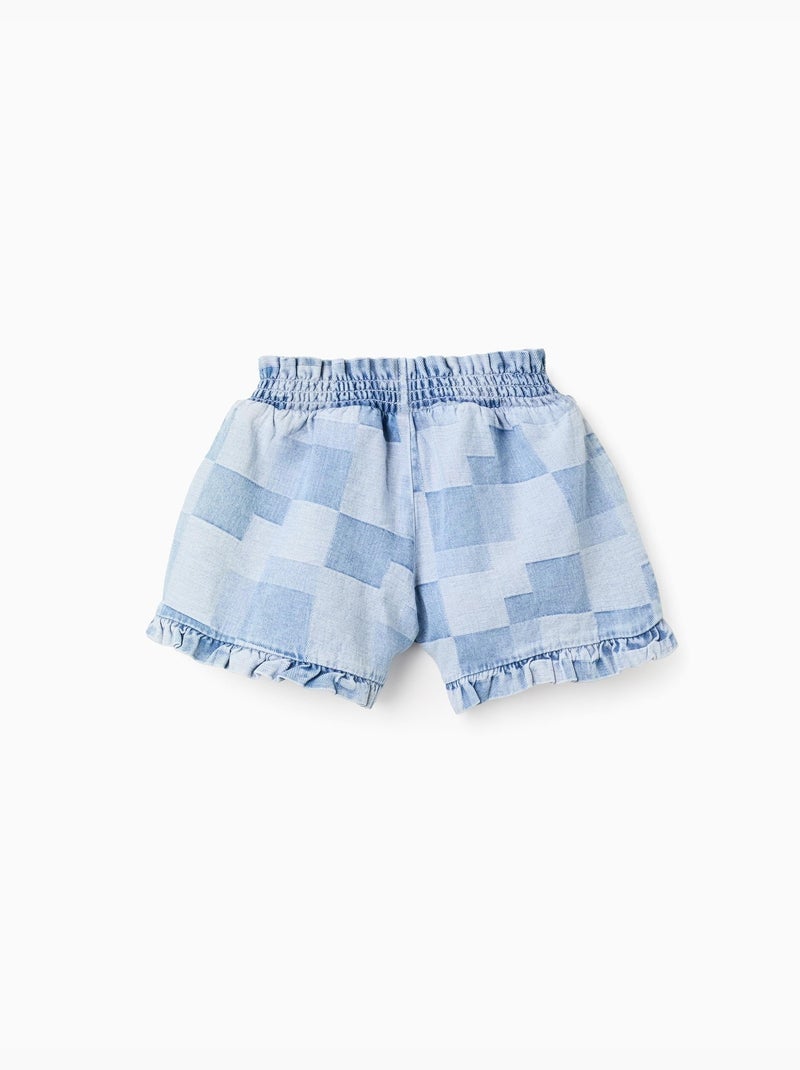 Pantalón corto vaquero con estampado de cuadros y volantes Azul claro - Kiabi