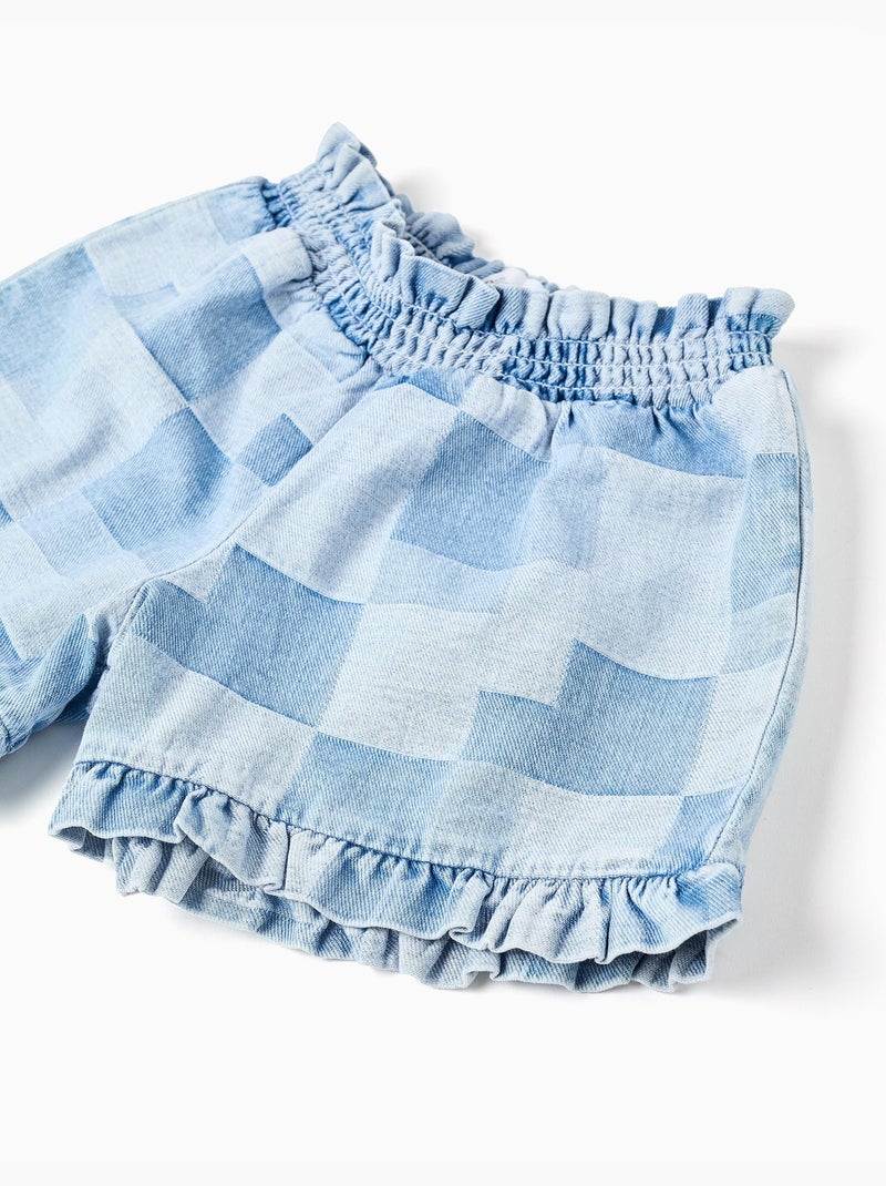 Pantalón corto vaquero con estampado de cuadros y volantes Azul claro - Kiabi