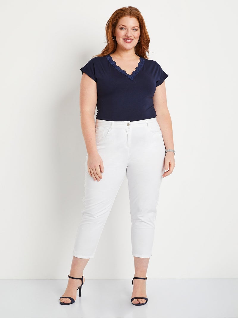 Pantalón cropped con cinturón elástico y 5 bolsillos - Afibel Blanco - Kiabi