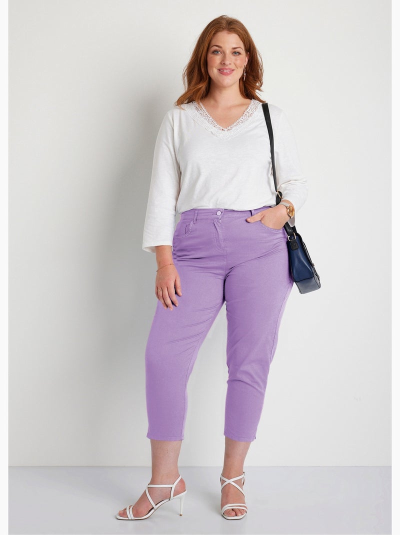 Pantalón cropped con cinturón elástico y 5 bolsillos - Afibel Violeta - Kiabi