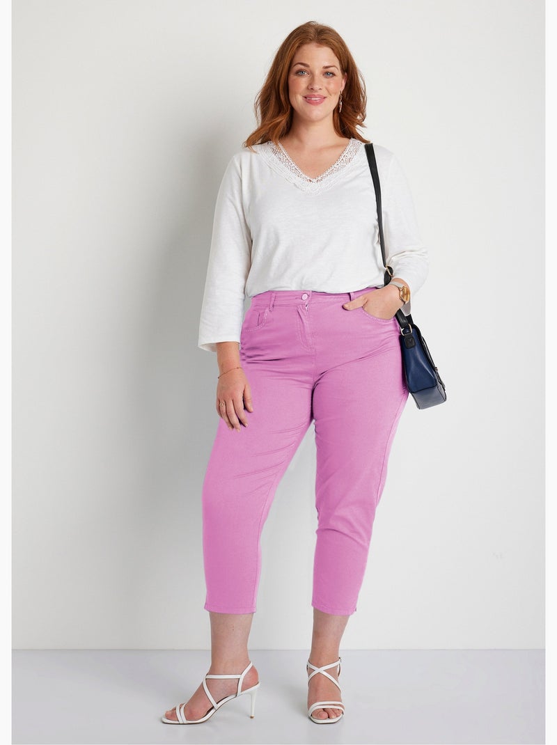 Pantalón cropped con cinturón elástico y 5 bolsillos - Afibel Violeta - Kiabi