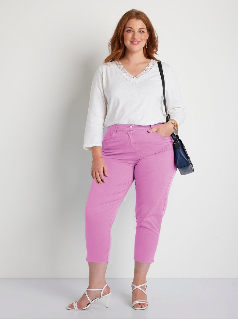 Pantalón cropped con cinturón elástico y 5 bolsillos Malva lila - Kiabi