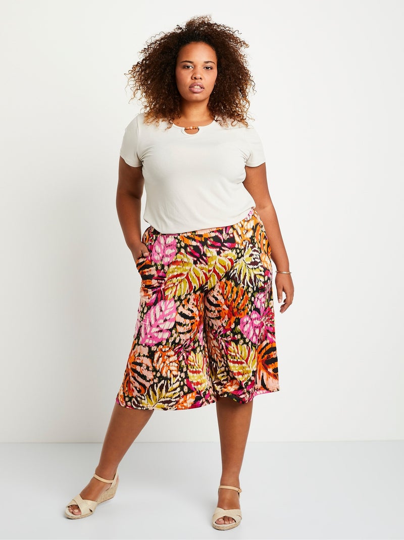 Pantalón culotte holgado con cintura elástica y estampado - Afibel Rosa - Kiabi