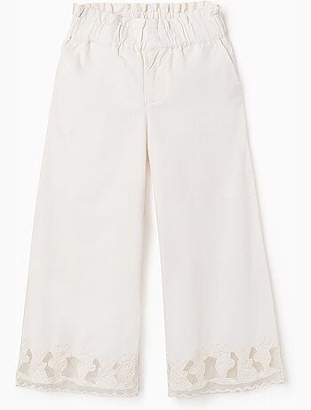 Pantalón de algodón wide leg con flores bordadas