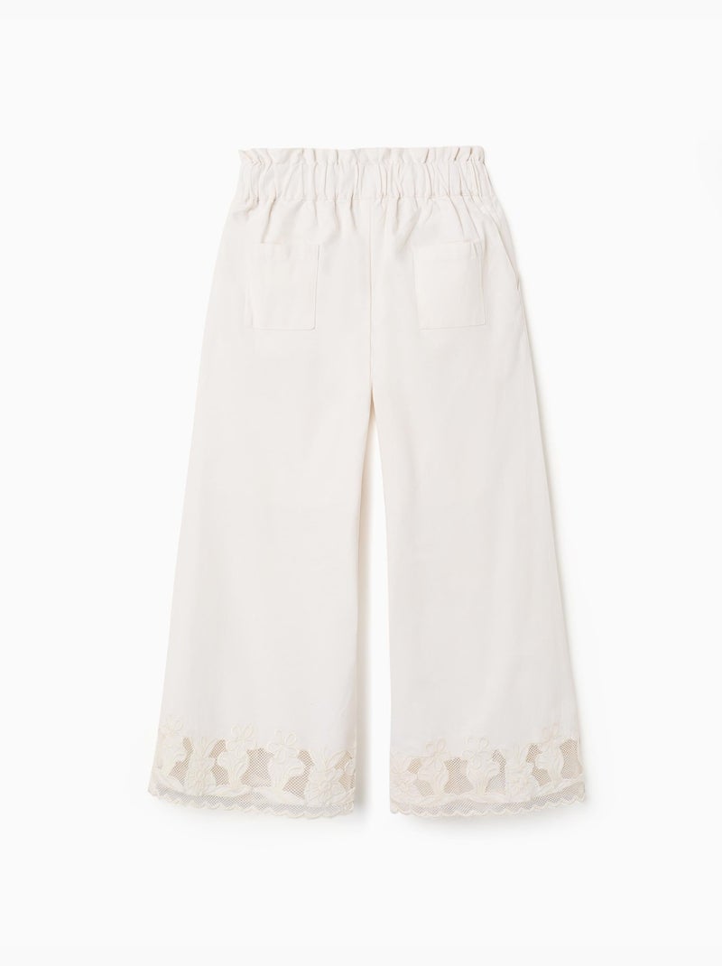 Pantalón de algodón wide leg con flores bordadas Blanco - Kiabi