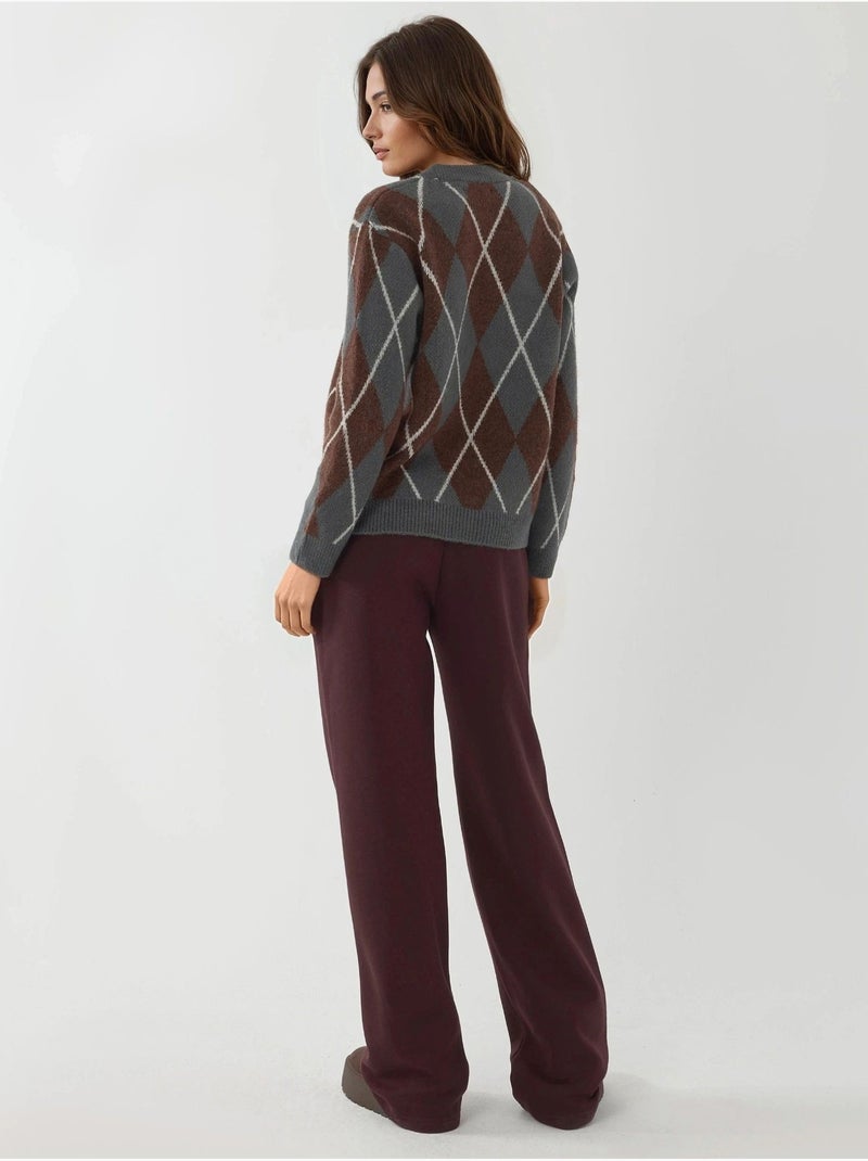 Pantalón de chándal de mujer de pierna ancha en mezcla de algodón hiccup Rojo burdeos - Kiabi