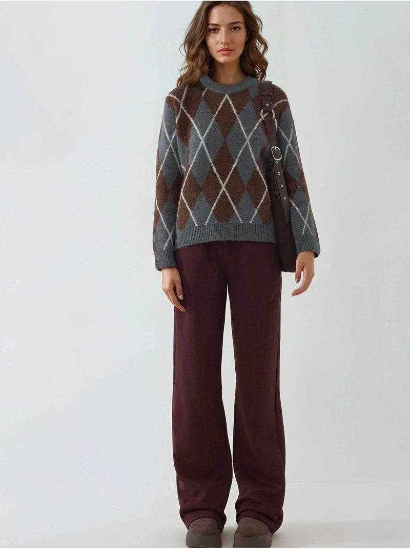 Pantalón de chándal de mujer de pierna ancha en mezcla de algodón hiccup Rojo burdeos - Kiabi