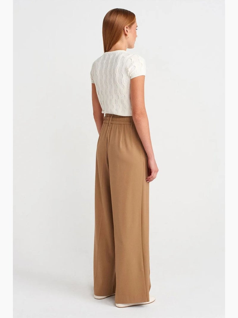 Pantalón de crepé de pernera ancha con cintura de cordón dilvin Camel - Kiabi