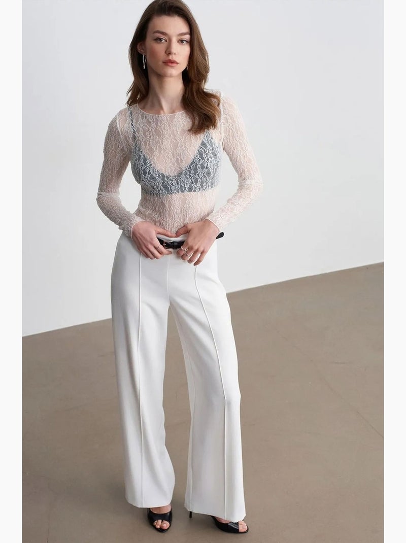 Pantalón de crepé de pernera ancha con cinturón dilvin Blanco roto - Kiabi