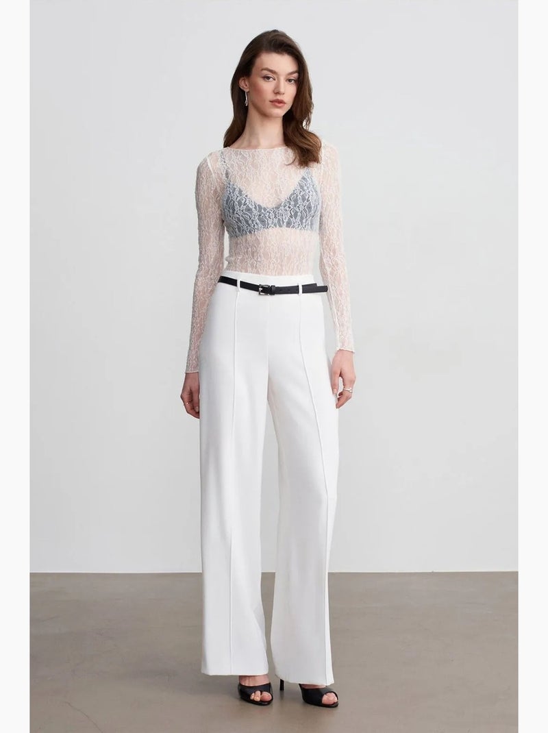 Pantalón de crepé de pernera ancha con cinturón dilvin Blanco roto - Kiabi
