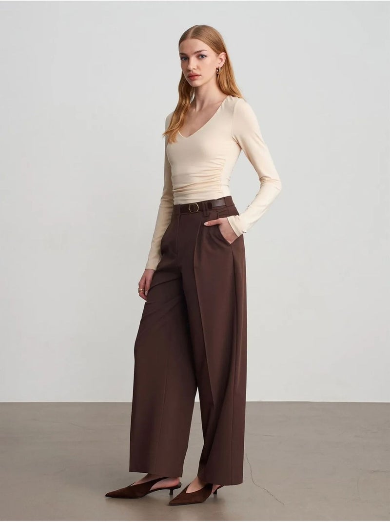 Pantalón de crepé de pernera ancha con cinturón dilvin Marrón chocolate - Kiabi