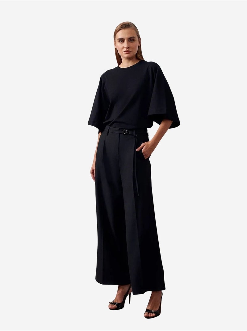 Pantalón de crepé de pernera ancha con cinturón dilvin Negro - Kiabi