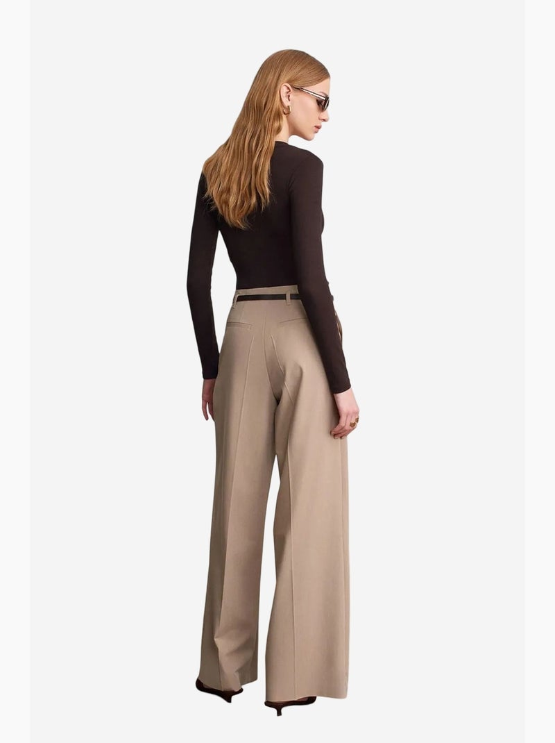 Pantalón de crepé de pernera ancha con cinturón para mujer dilvin Beige arcilla - Kiabi
