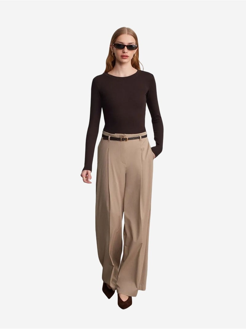 Pantalón de crepé de pernera ancha con cinturón para mujer dilvin Beige arcilla - Kiabi