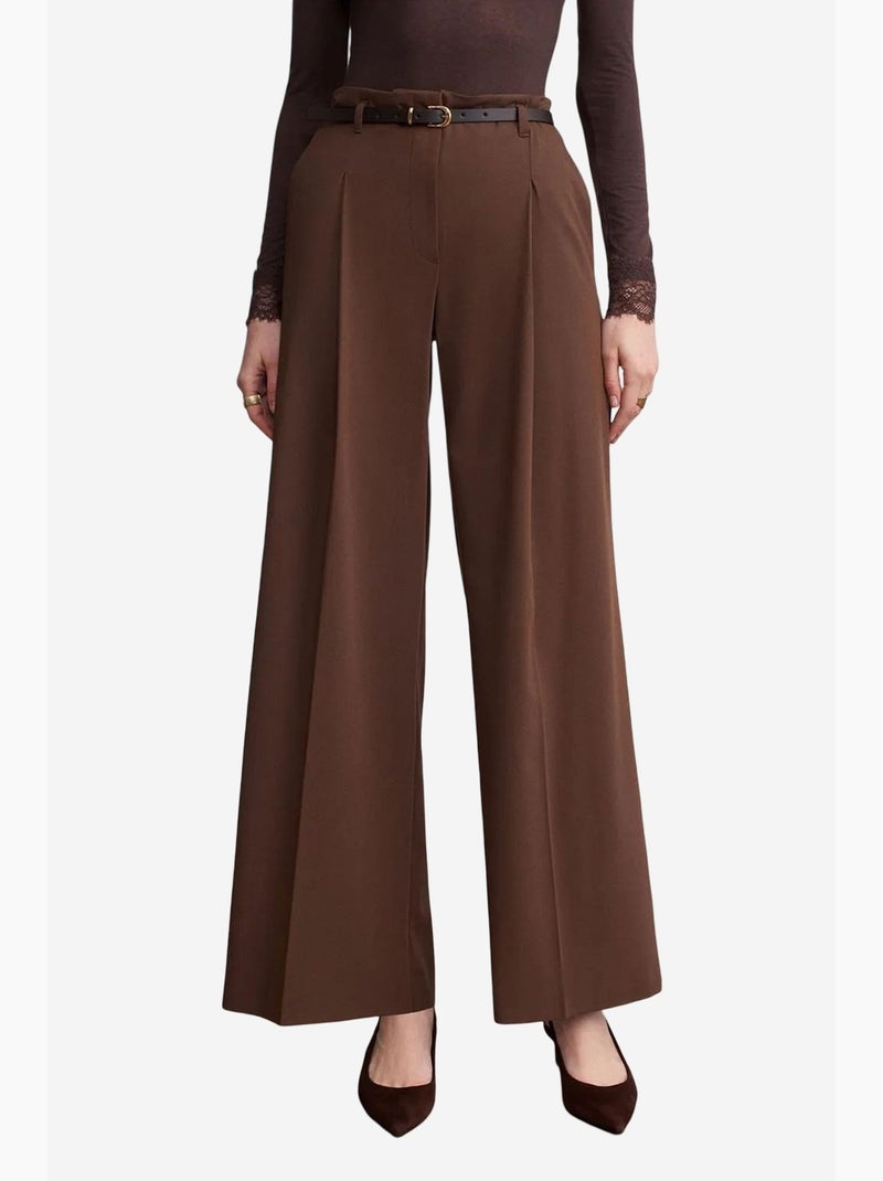 Pantalón de crepé de pernera ancha con cinturón para mujer dilvin Marrón chocolate - Kiabi