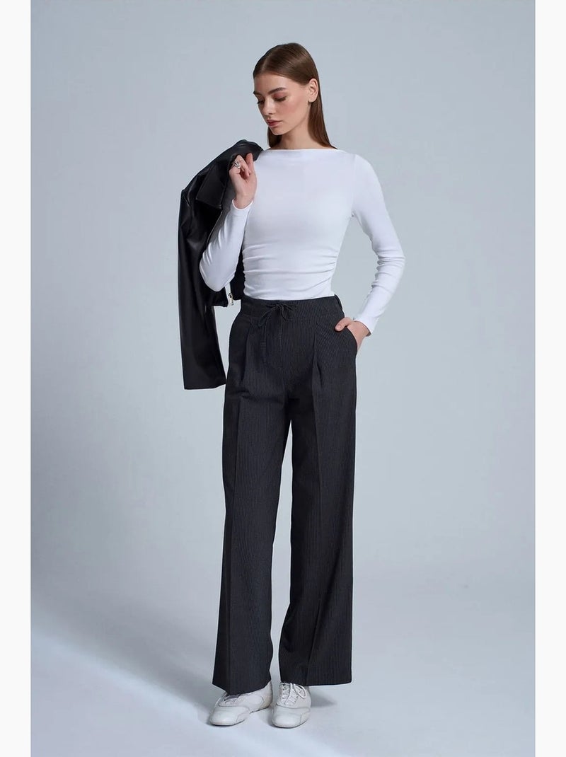 Pantalón de crepé de pernera ancha con cordón dilvin Gris negro - Kiabi