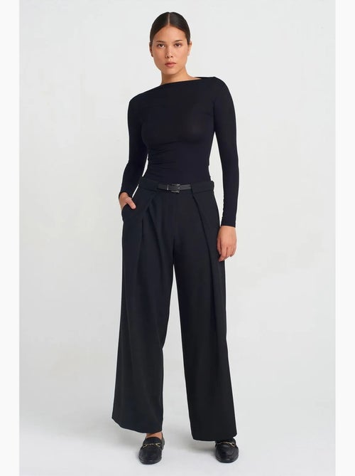 Pantalón de crepé de pernera ancha para mujer con cinturón dilvin - Kiabi