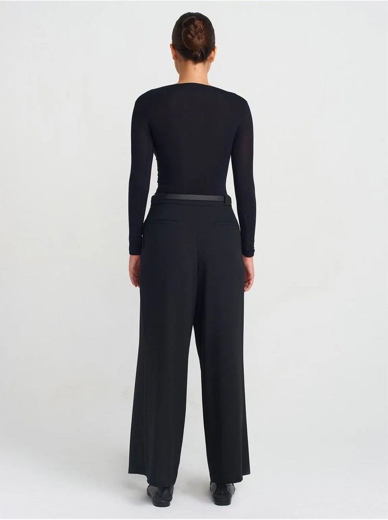 Pantalón de crepé de pernera ancha para mujer con cinturón dilvin Negro - Kiabi