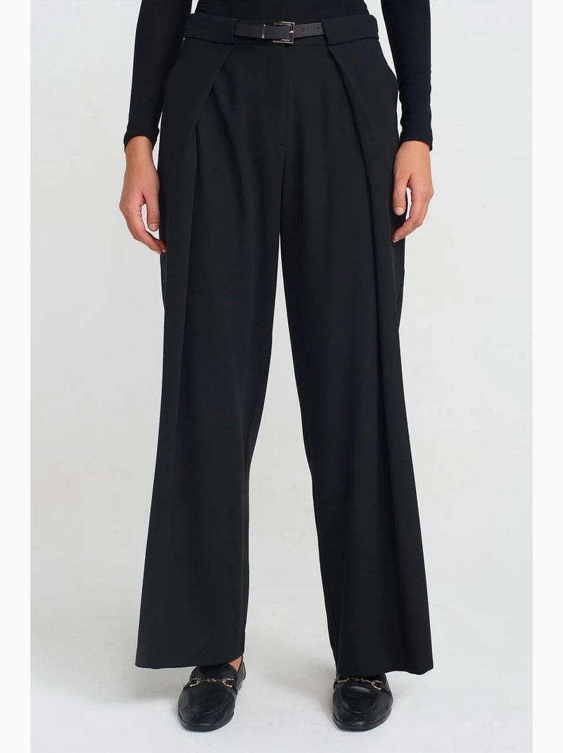Pantalón de crepé de pernera ancha para mujer con cinturón dilvin Negro - Kiabi