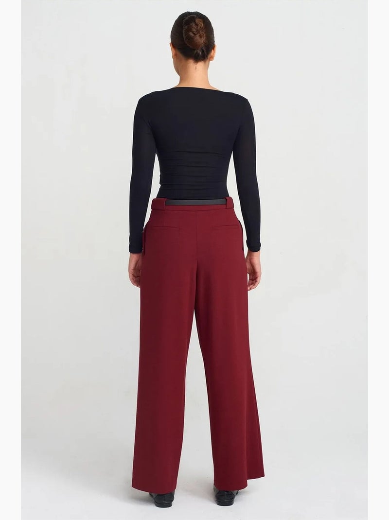 Pantalón de crepé de pernera ancha para mujer con cinturón dilvin Rojo burdeos - Kiabi