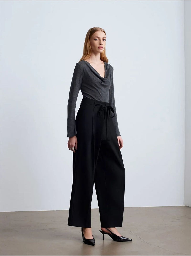 Pantalón de crepé de pernera ancha para mujer dilvin Negro - Kiabi