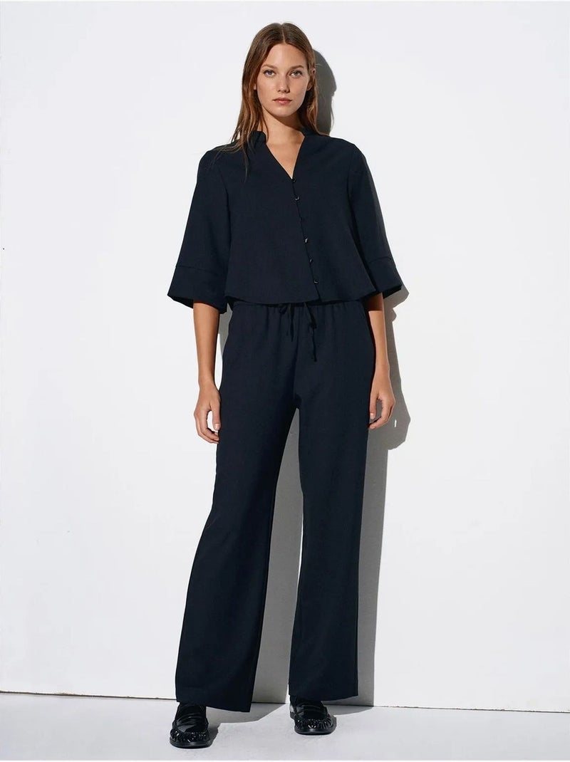 Pantalón de crepé de pernera ancha para mujer Negro - Kiabi