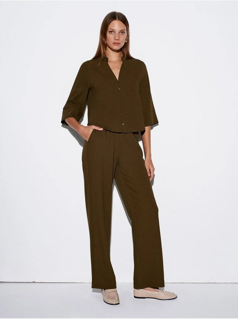 Pantalón de crepé de pernera ancha para mujer Verde caqui - Kiabi