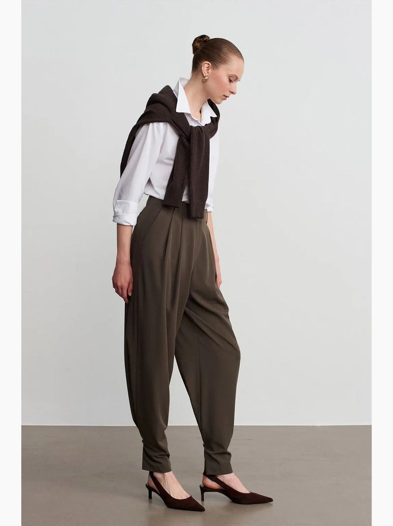 Pantalón de crepé de pernera ancha y cintura alta para mujer dilvin Verde caqui - Kiabi