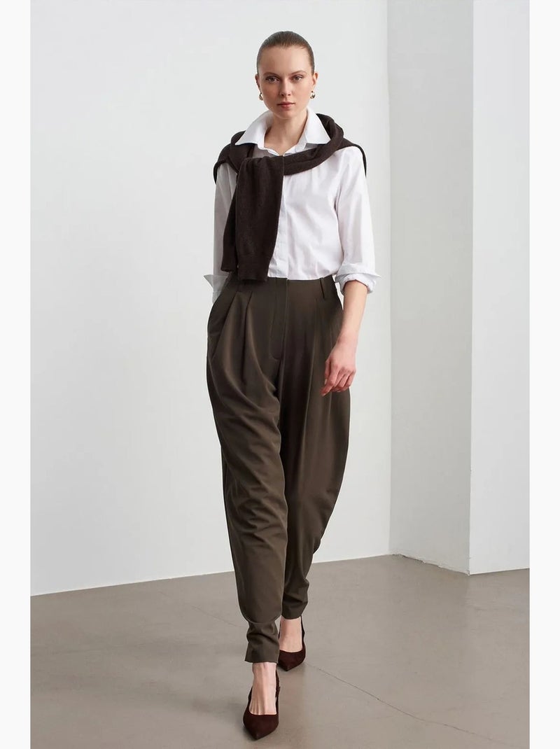 Pantalón de crepé de pernera ancha y cintura alta para mujer dilvin Verde caqui - Kiabi