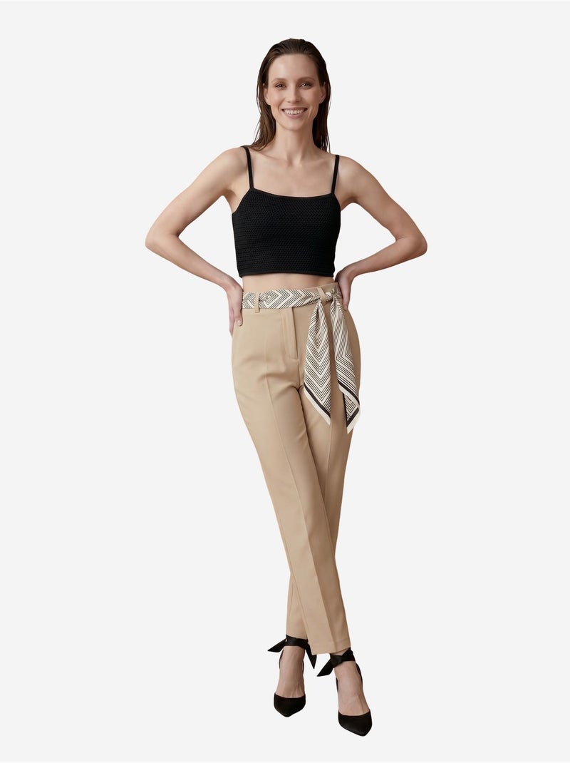 Pantalón de crepé de pierna recta y tiro alto con cinturón my fashion Beige arcilla - Kiabi