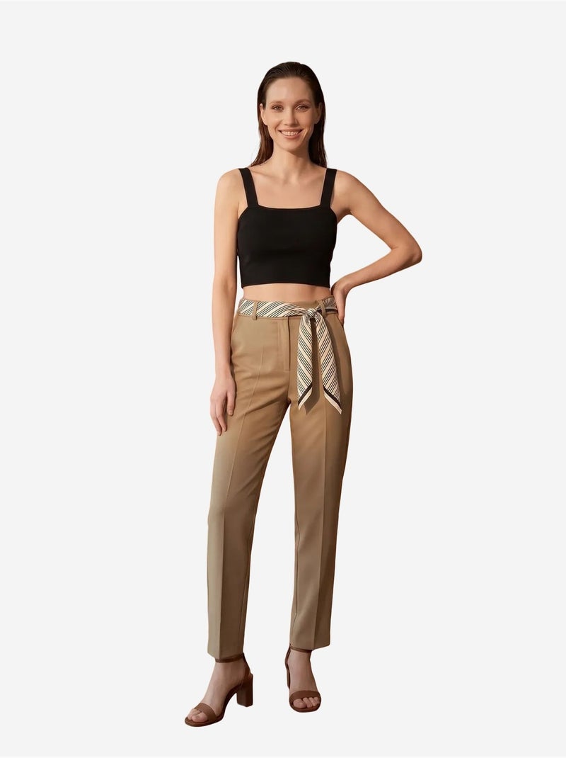 Pantalón de crepé de pierna recta y tiro alto con cinturón my fashion Greige - Kiabi