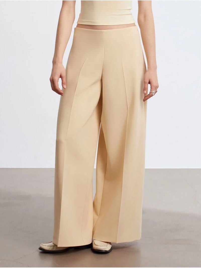 Pantalón de crepé de tiro alto y pernera ancha Beige - Kiabi