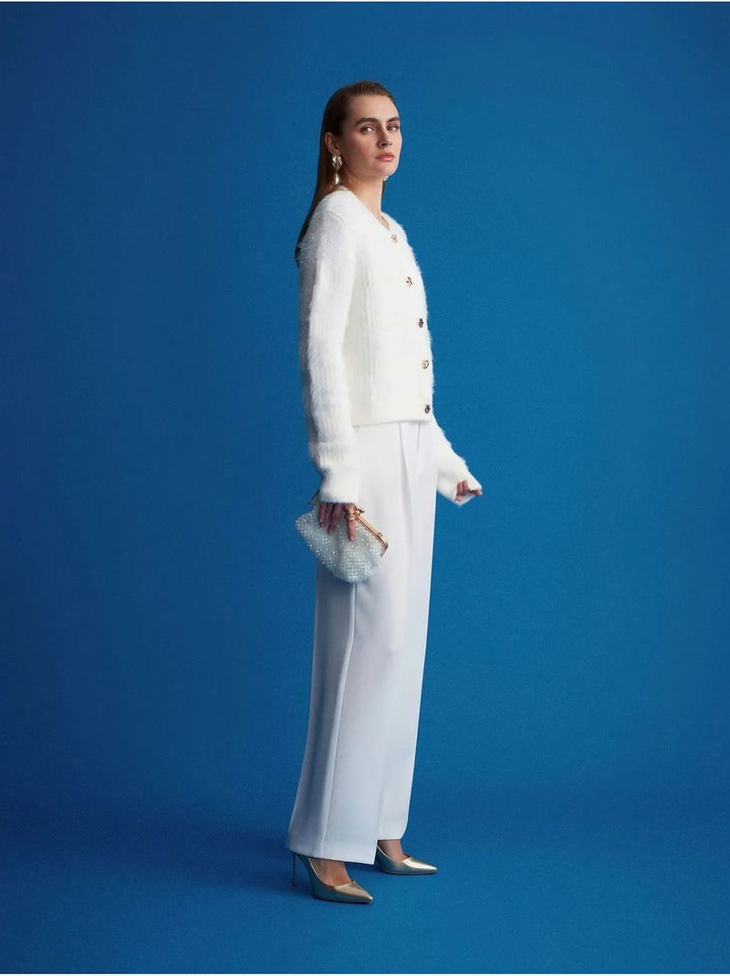 Pantalón de crepé de tiro alto y pernera ancha Blanco - Kiabi