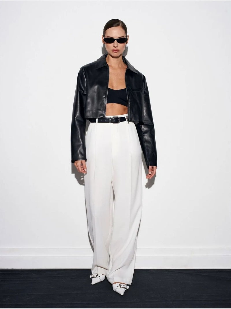 Pantalón de crepé de tiro alto y pernera ancha Blanco - Kiabi
