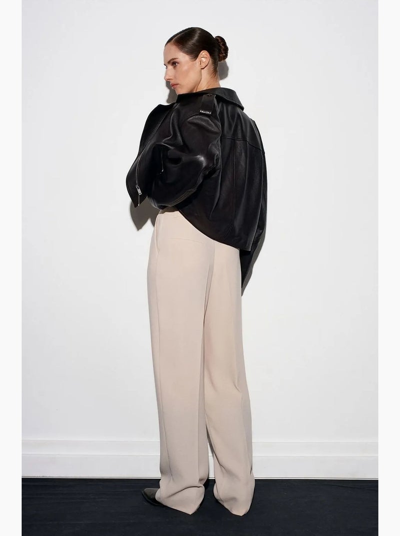 Pantalón de crepé de tiro alto y pernera ancha dilvin Beige arcilla - Kiabi