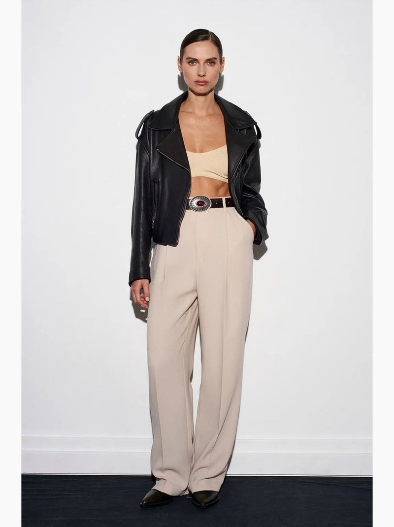 Pantalón de crepé de tiro alto y pernera ancha dilvin Beige arcilla - Kiabi