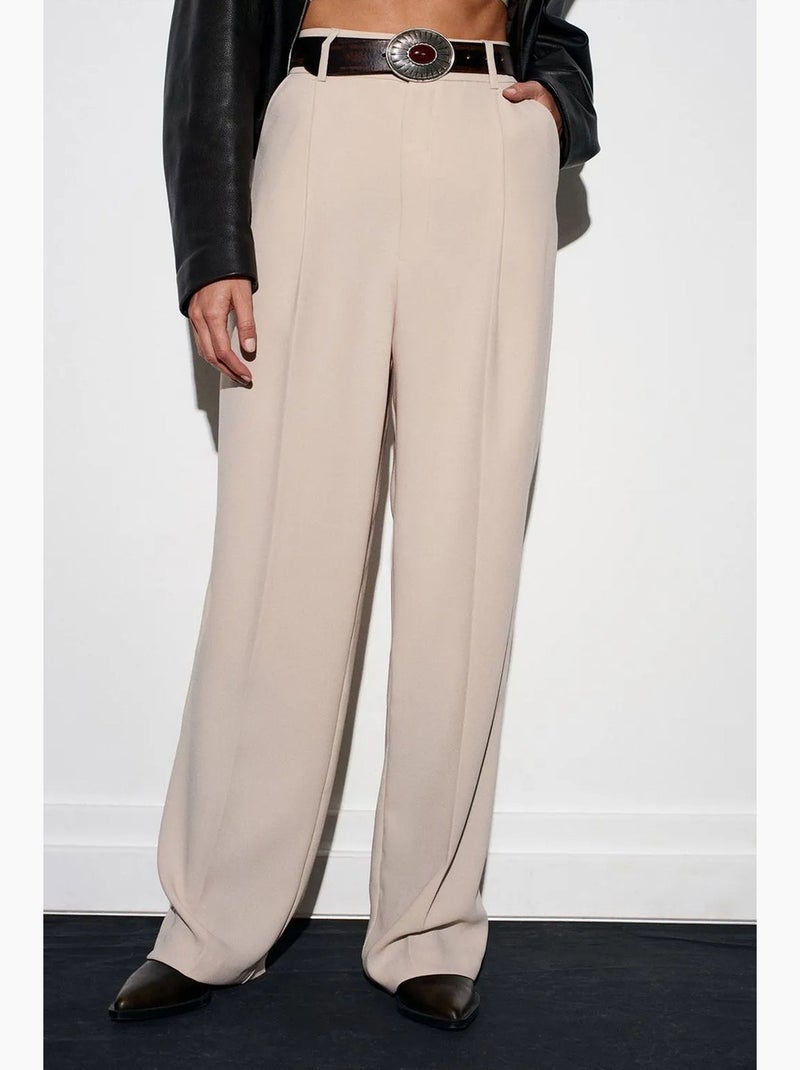 Pantalón de crepé de tiro alto y pernera ancha dilvin Beige arcilla - Kiabi