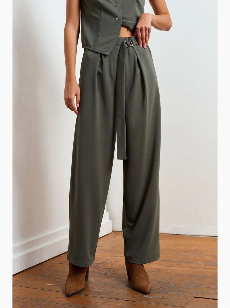 Pantalón de crepé de tiro alto y pernera ancha dilvin Caqui - Kiabi