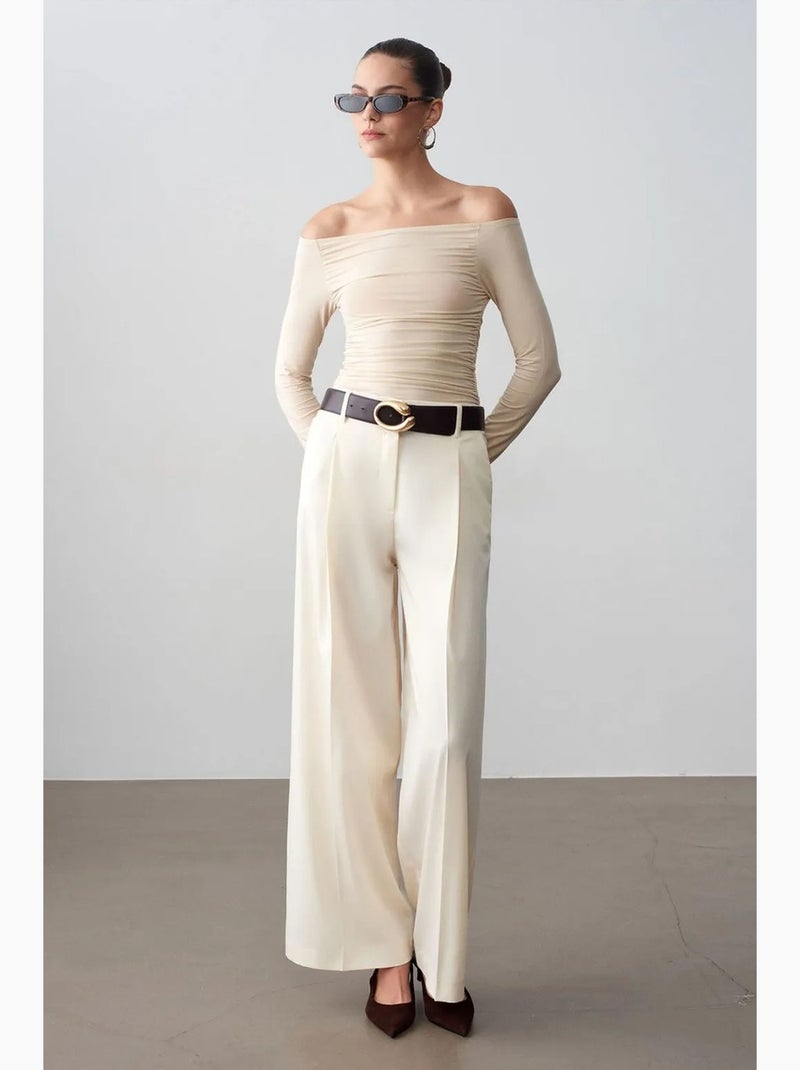 Pantalón de crepé de tiro alto y pernera ancha dilvin Crema - Kiabi
