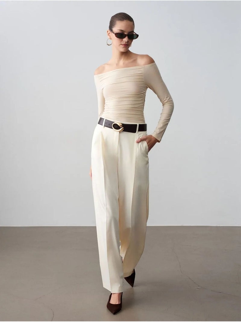 Pantalón de crepé de tiro alto y pernera ancha dilvin Crema - Kiabi