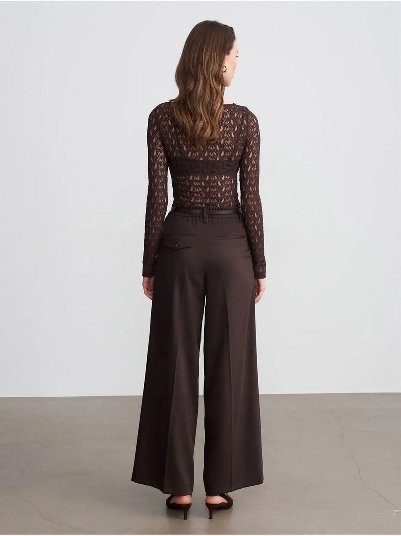 Pantalón de crepé de tiro alto y pernera ancha dilvin Marrón chocolate - Kiabi