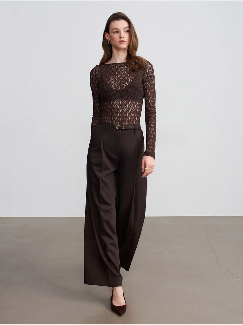Pantalón de crepé de tiro alto y pernera ancha dilvin Marrón chocolate - Kiabi